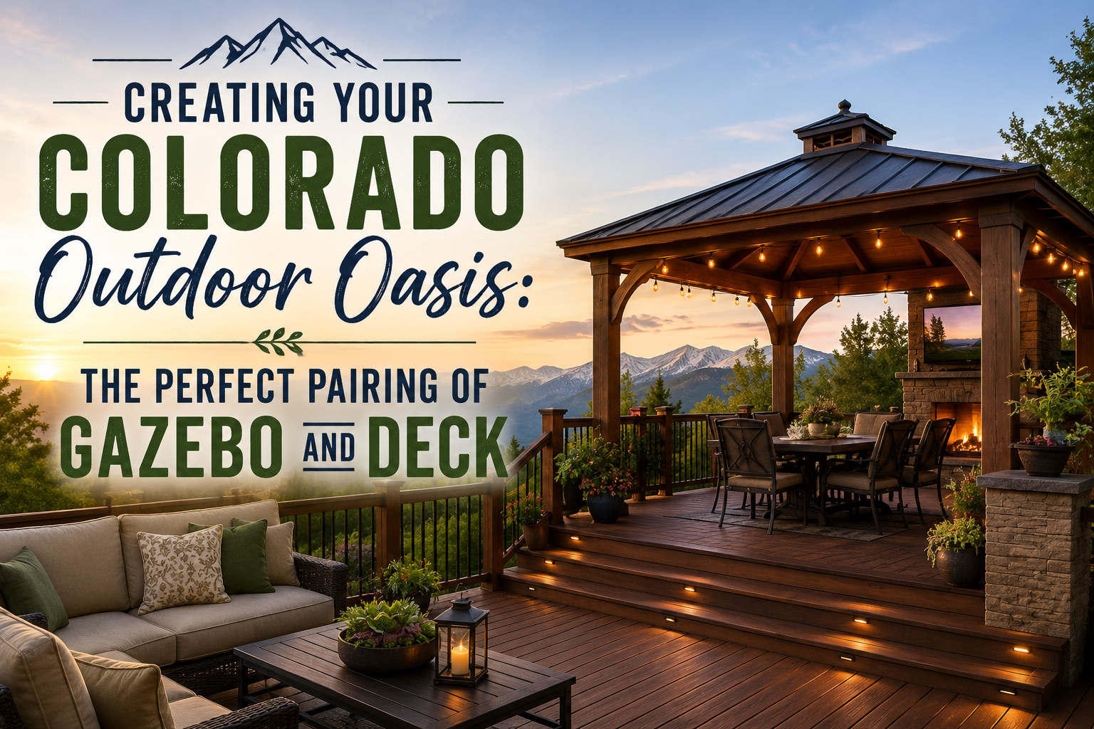 Colorado outdoor oasis with gazebo and deck at sunset, featuring warm lights and cozy seating