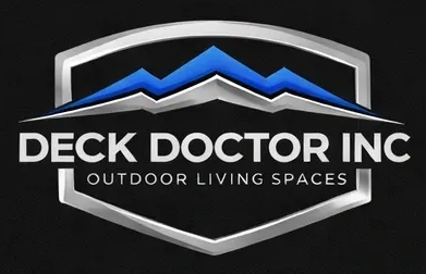Gray & Blue deck doctor logo with a black background