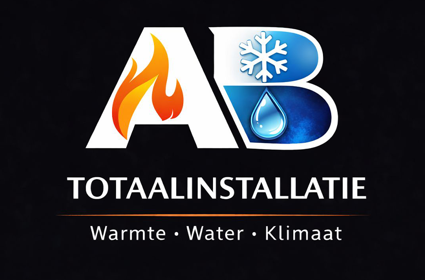 Logo voor AB Totaalinstallatie met een vlam, sneeuwvlok en waterdruppel, die respectievelijk verwarming, koeling en water symboliseren.