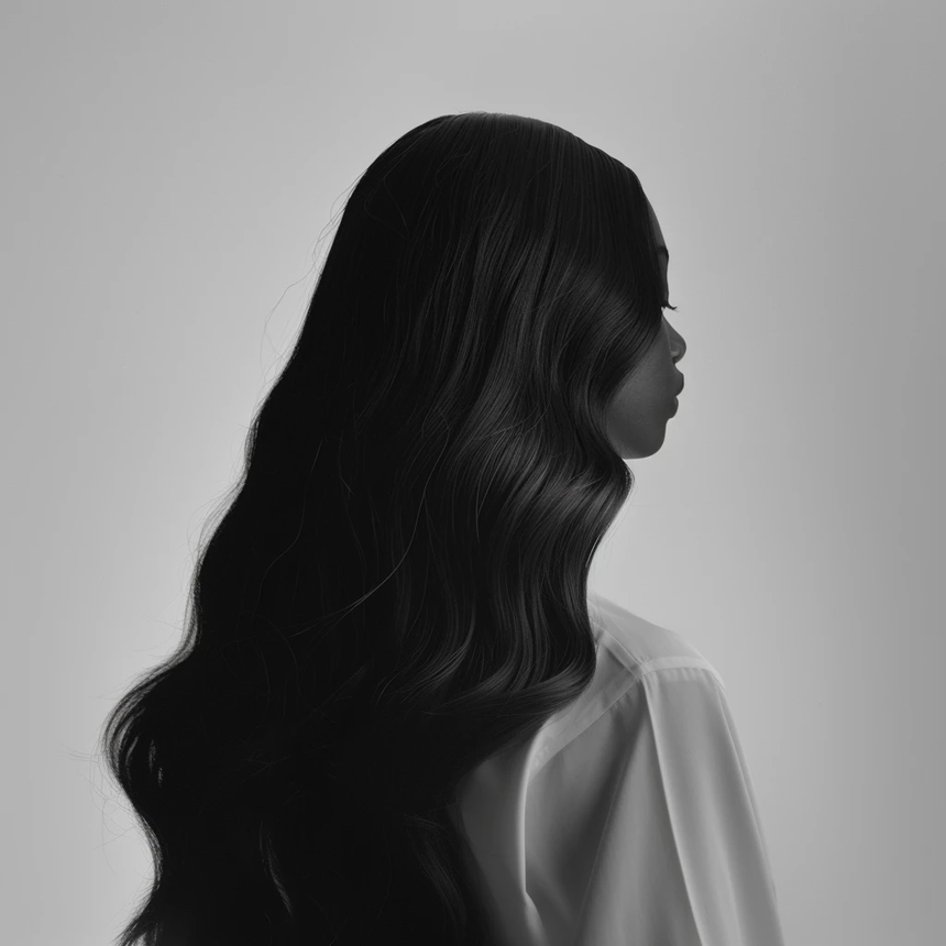 Black-and-white profile of a person with long wavy hair against a plain background