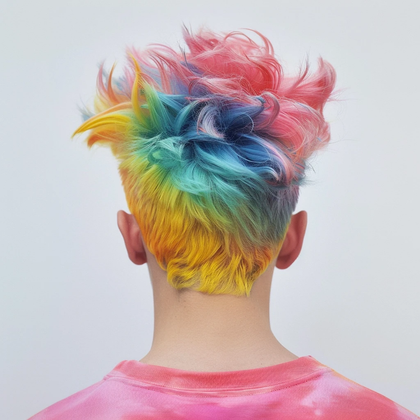 Person seen from behind with rainbow-dyed short hair and a pink shirt on a plain background