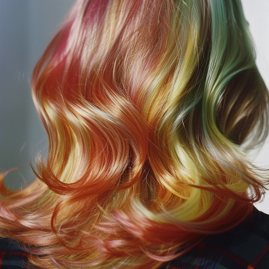 Glossy wavy hair with red, blonde, and green highlights against a gray background