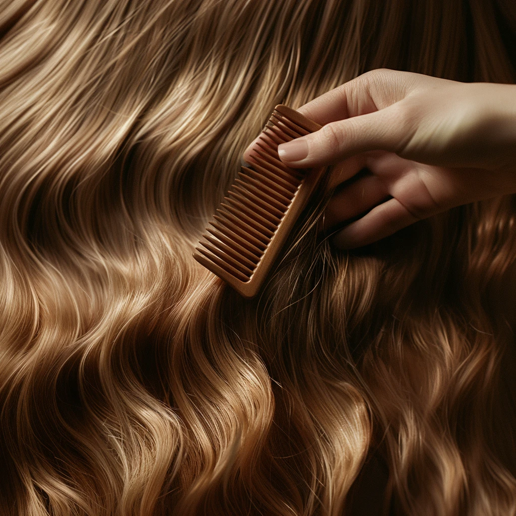 Hand combing long, wavy light-brown hair with a small brown comb