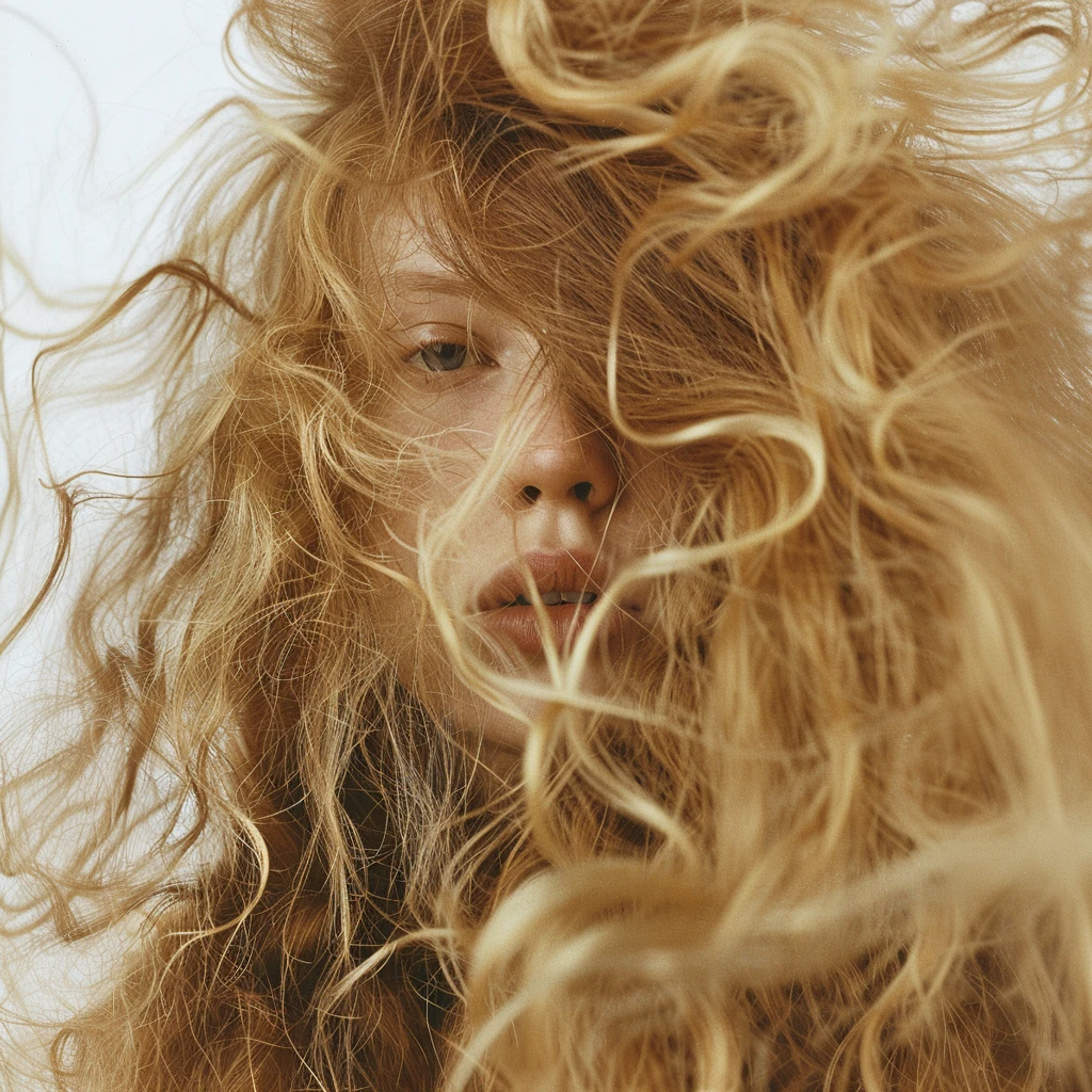 Close-up of a person with wild blonde hair partially covering their face