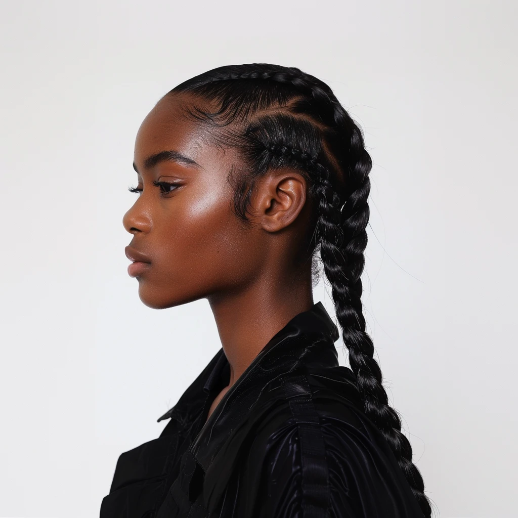 Profile portrait of a woman with braided hair against a white background