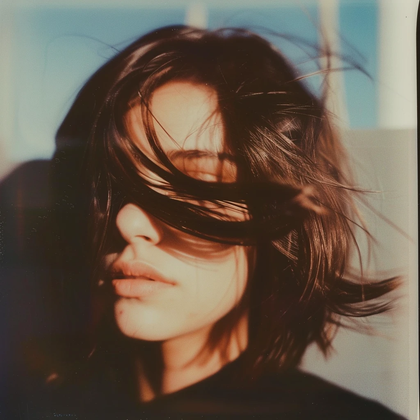 Portrait of a person with windswept dark hair covering part of their face against a soft blue background