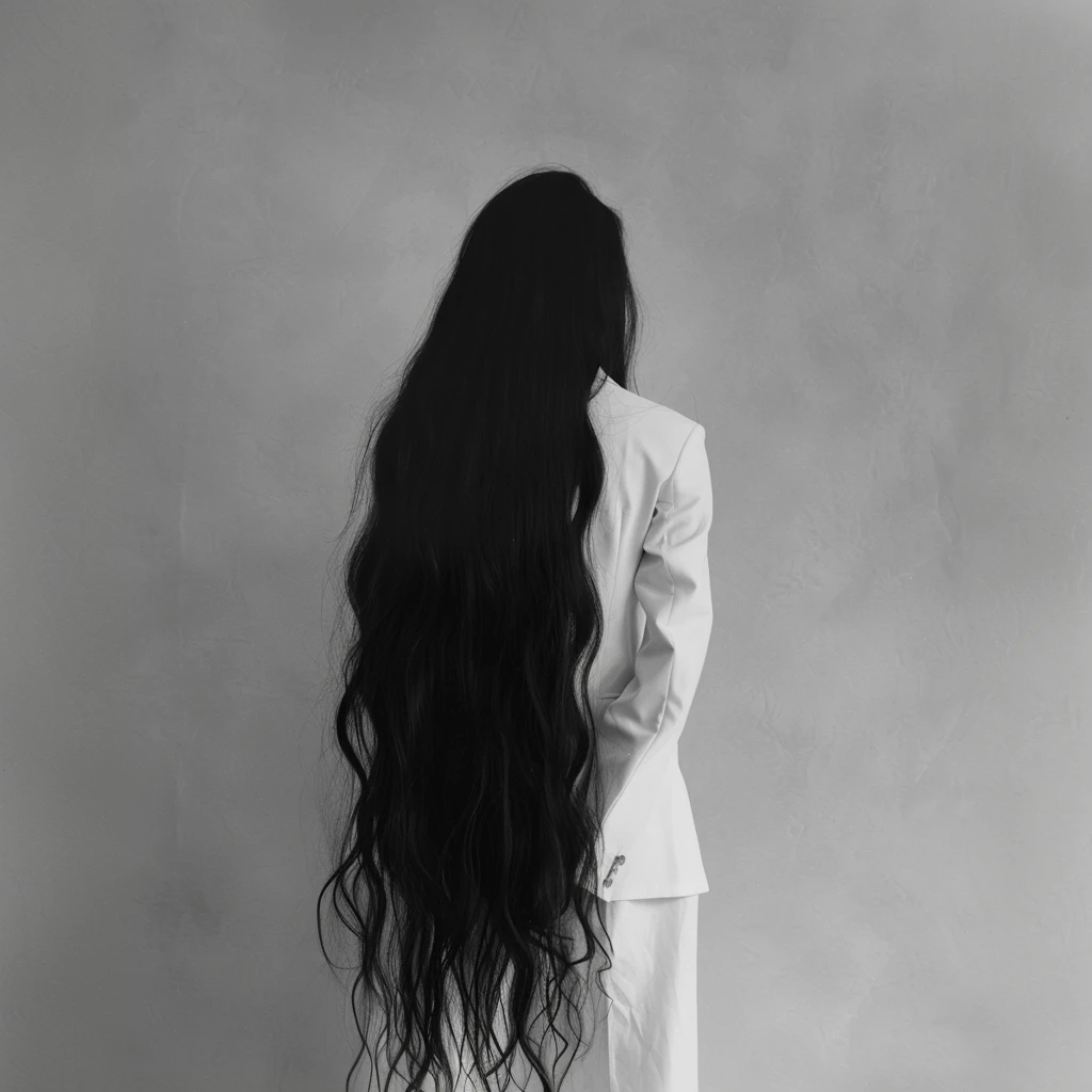 Person with very long black hair in a white outfit, seen from behind against a gray background