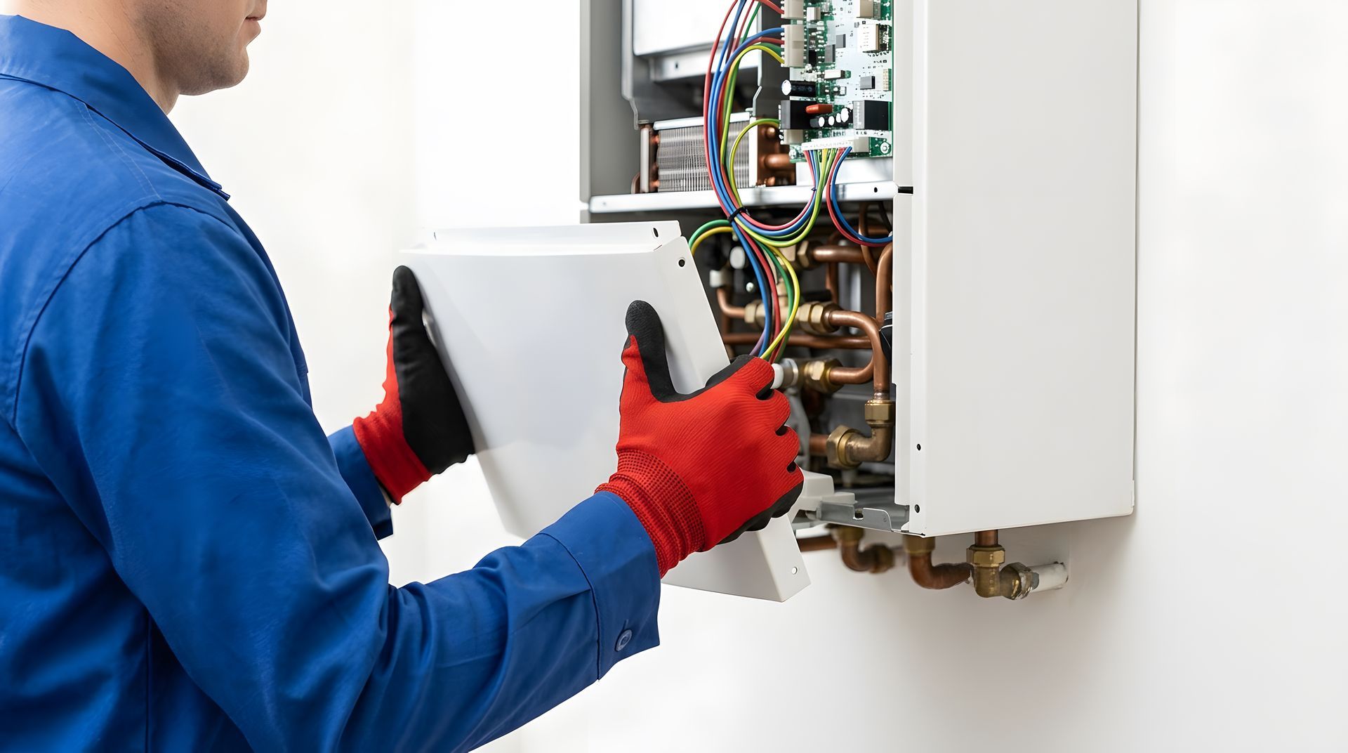 Technician wearing red work gloves opens a furnace access panel, exposing wires for furnace repair.