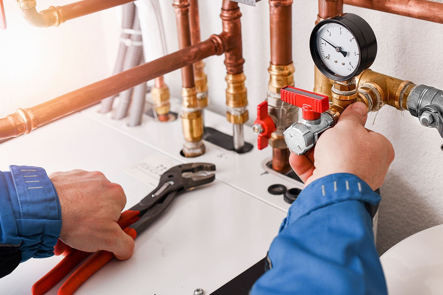 Close up of copper pipelines representing heating contractors, showcasing accurate pressure. Close up of copper pipelines representing heating contractors, showcasing accurate pressure.
