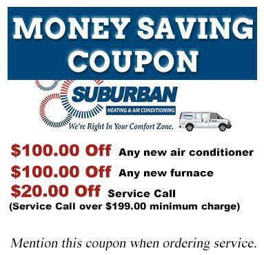 Coupon for Suburban Heating & Air Conditioning: $100 off new AC/furnace, $20 off service calls over $199.
