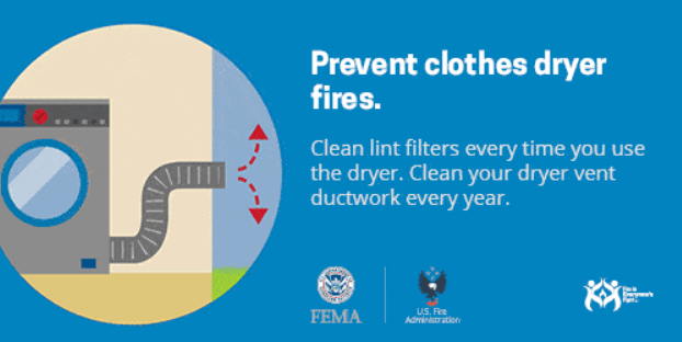 Blue graphic: clothes dryer with vent. Text: Prevent fires. Clean lint filters. Clean ductwork yearly. FEMA logo.