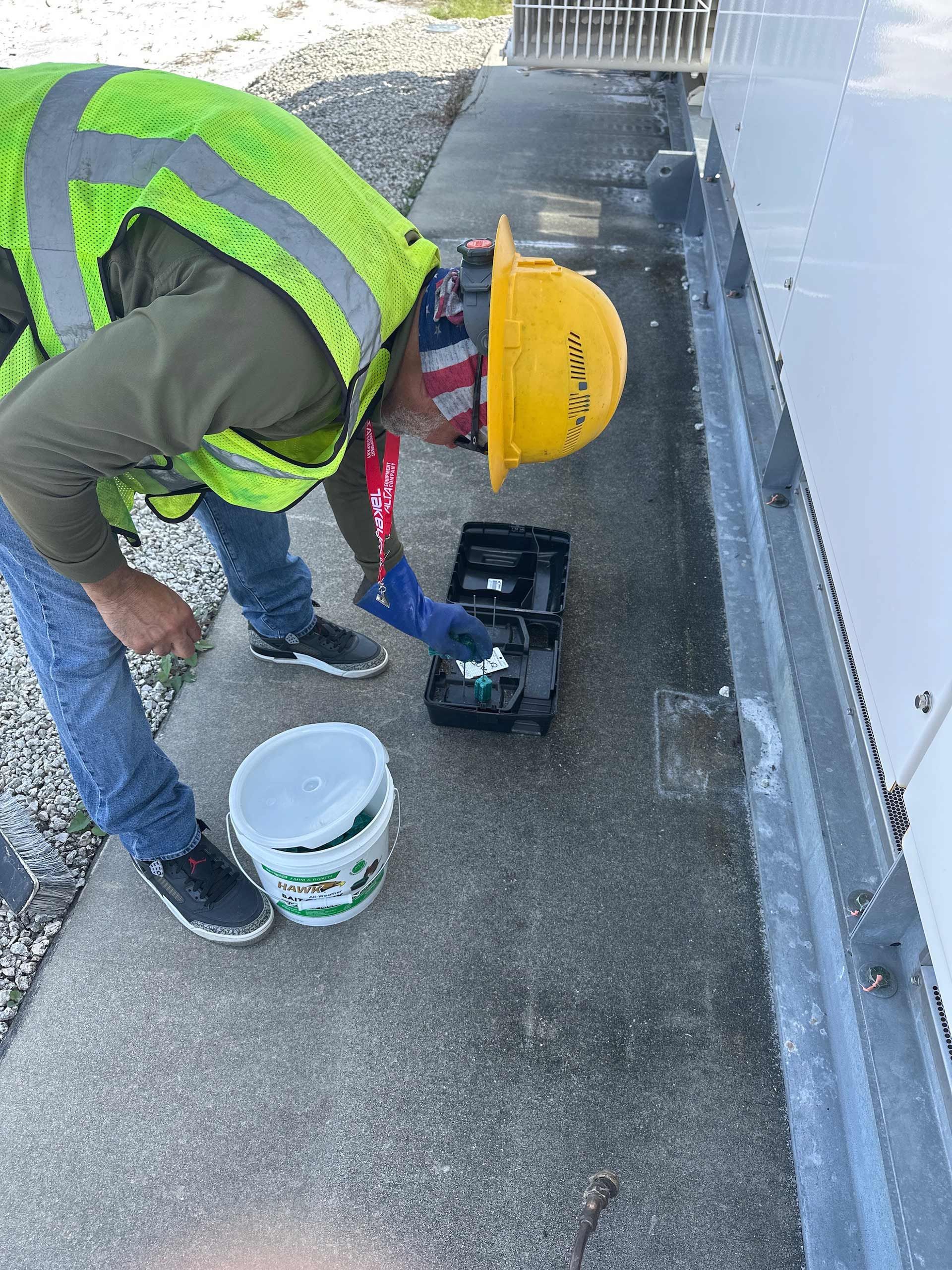 A man wearing a yellow hard hat is kneeling down next to a bucket of paint.
