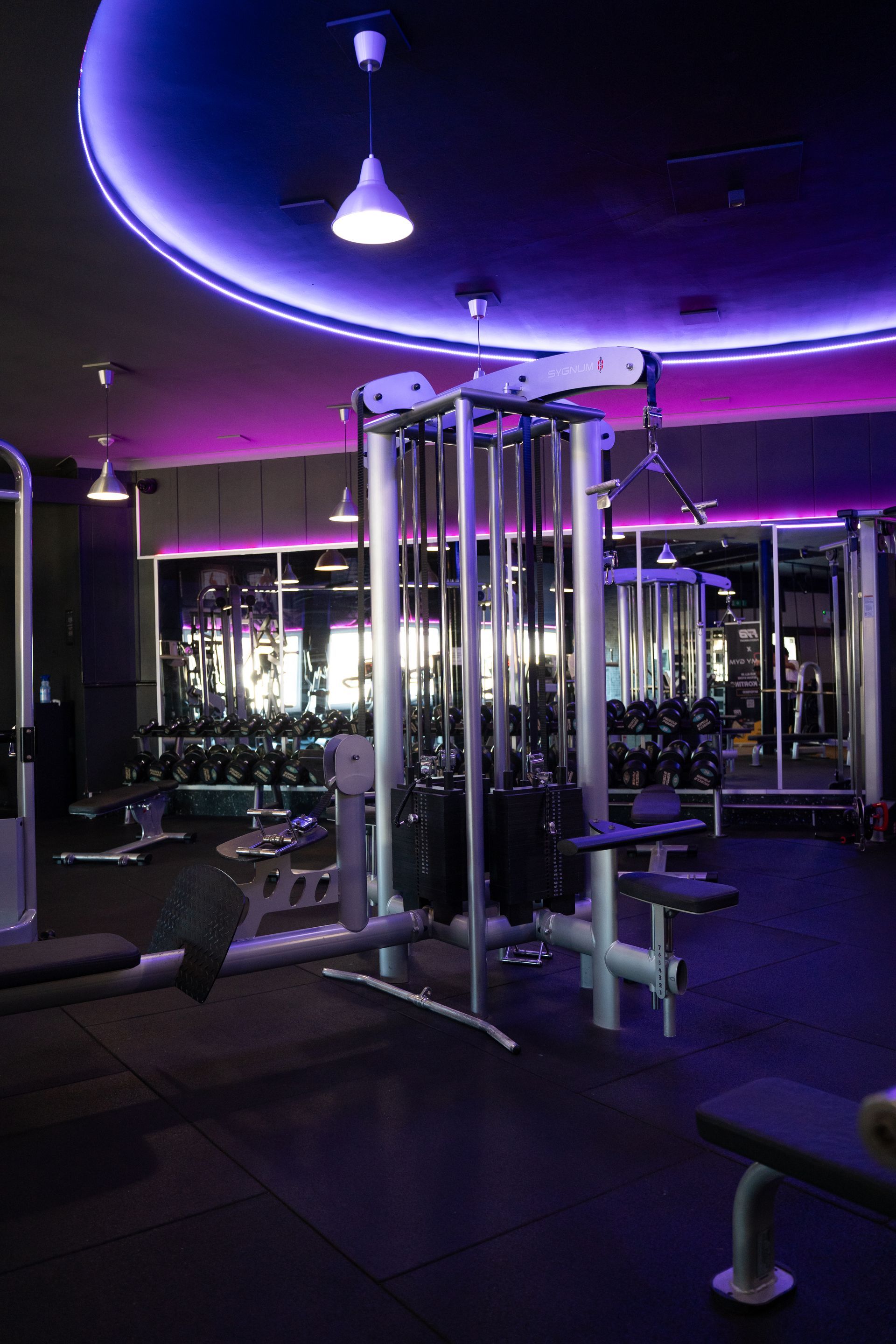 Een schemerig verlichte sportschool met paarse neonverlichting, spiegels en gewichtsapparaten.