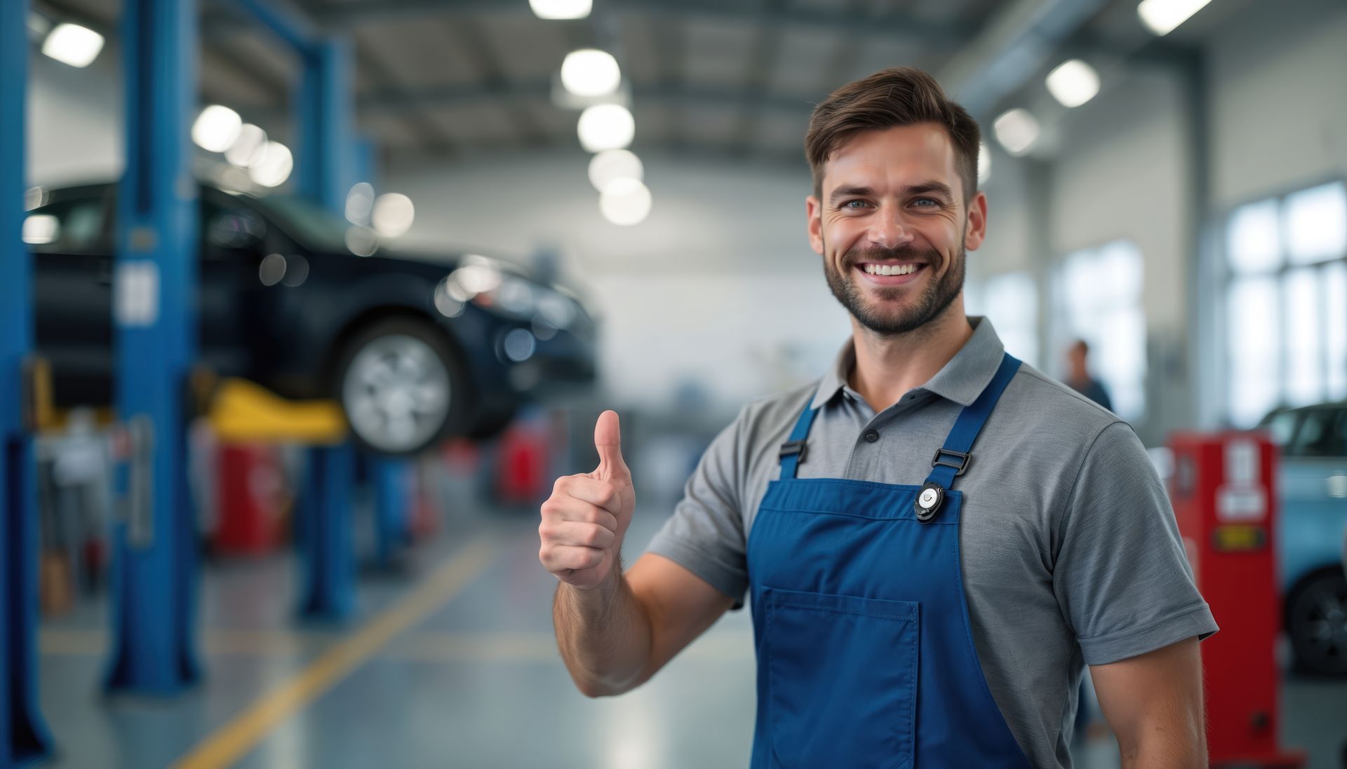 Smiling mechanic man gives thumbs up in auto repair shop.