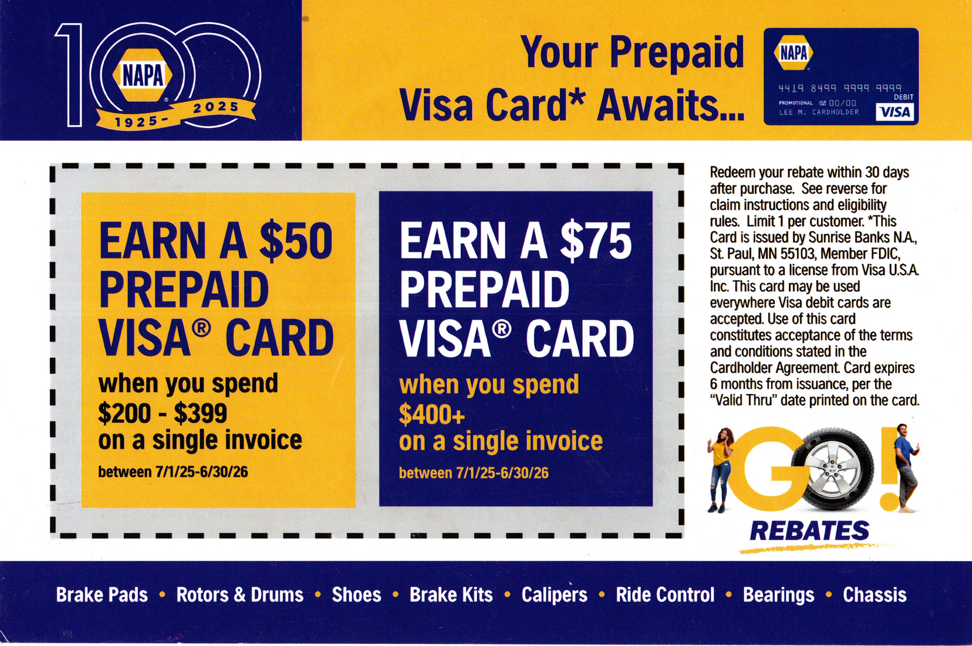 NAPA Visa card rebate promotion: Spend $200-$399, earn $50; spend $400+, earn $75.