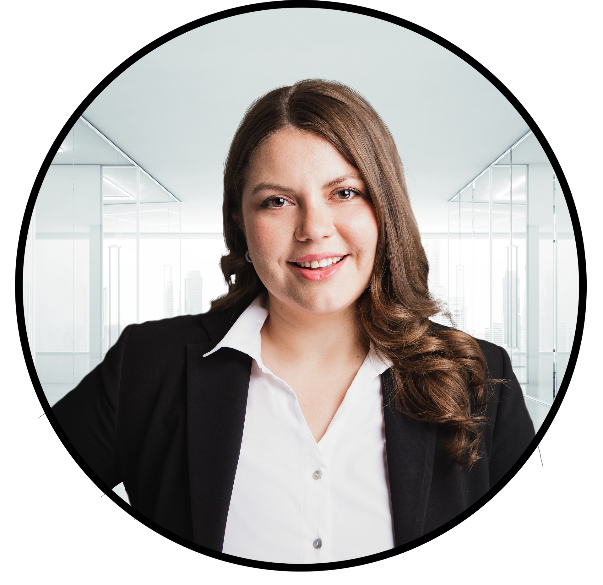 A woman in a suit and white shirt is smiling in a circle.