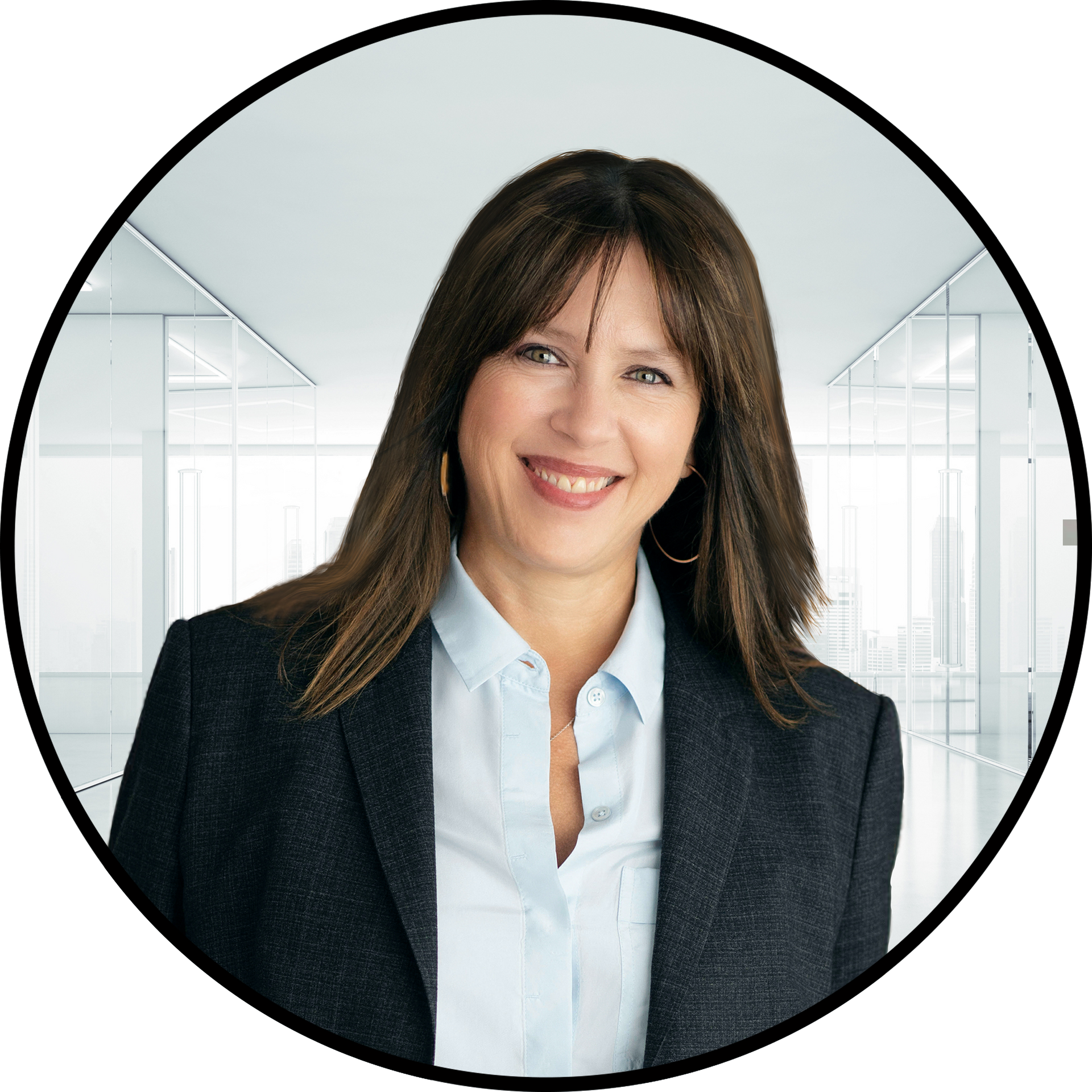 A woman in a suit is smiling in a circle.