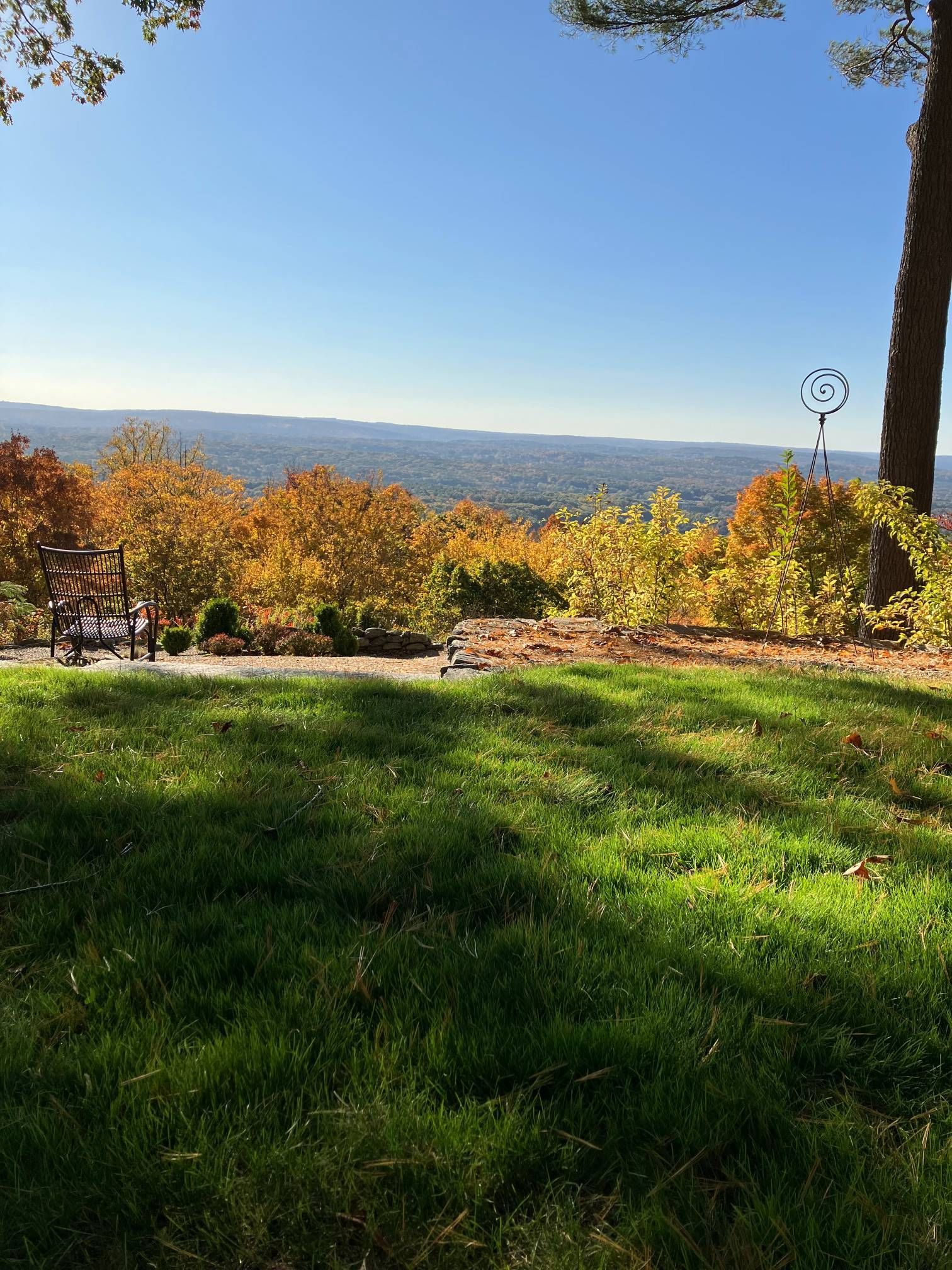 A park with a view of a valley and trees on a sunny day.