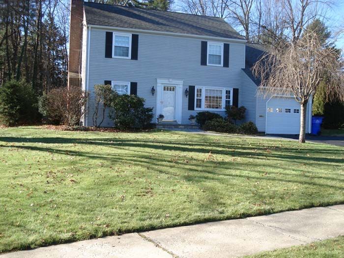 A house with a lush green lawn in front of it