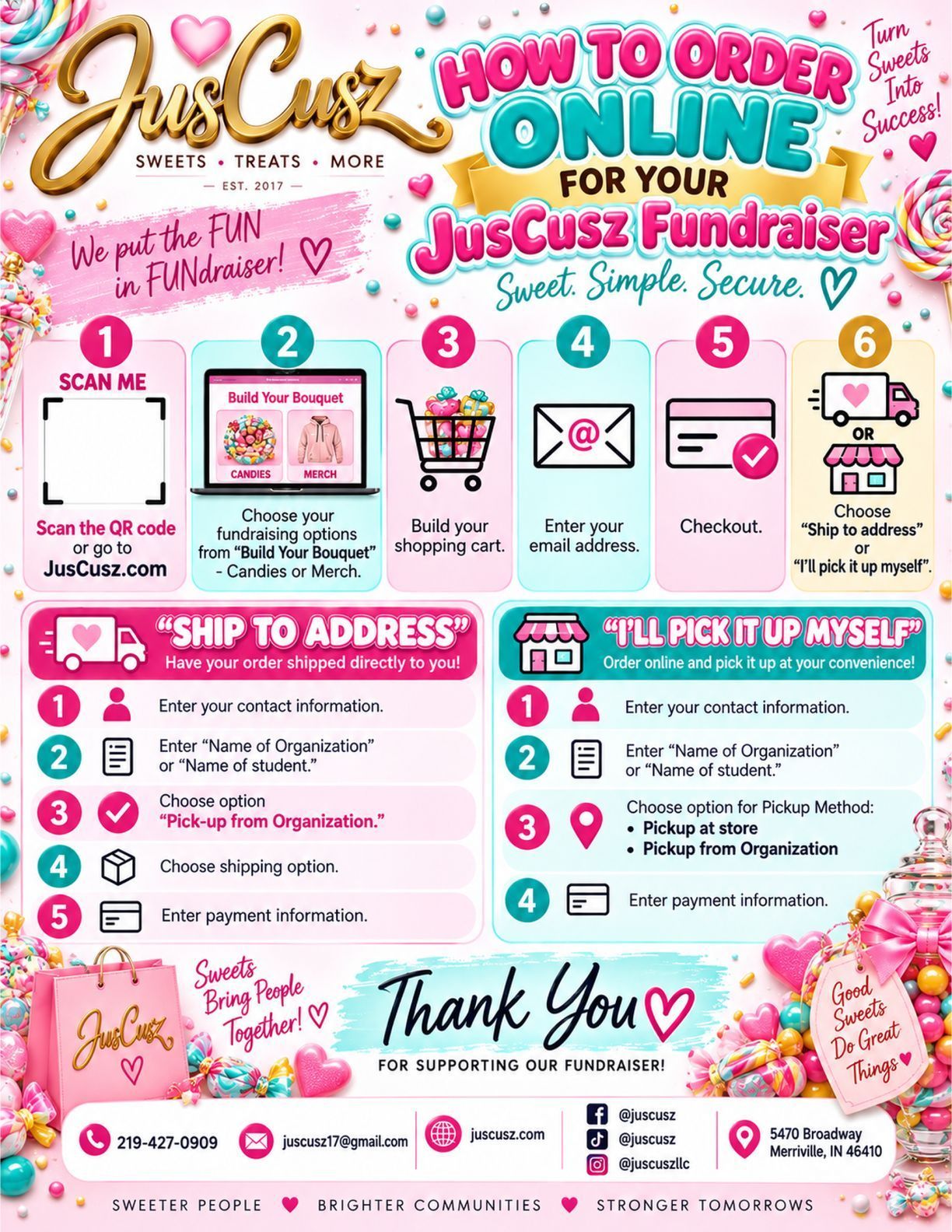 Colorful flyer explaining how to order and support the JucsJaz fundraiser online or in person.