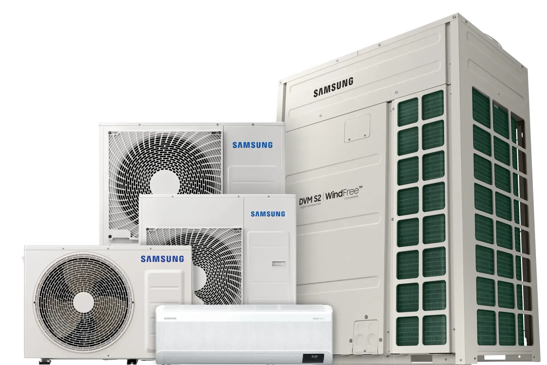 A group of samsung air conditioners are sitting next to each other on a white background.