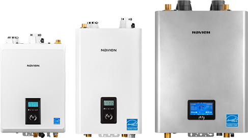 Three different sizes of water heaters are sitting next to each other on a white background.