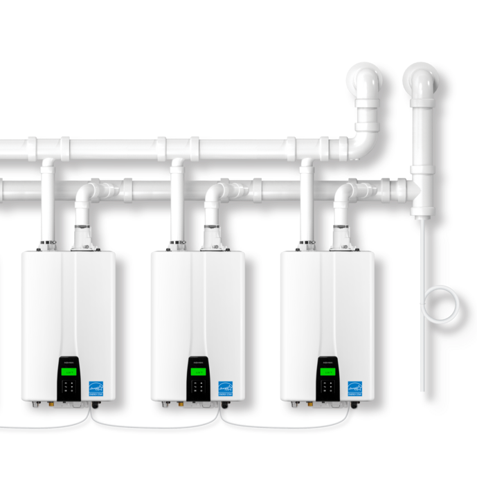 Three white water heaters are connected to each other with pipes.