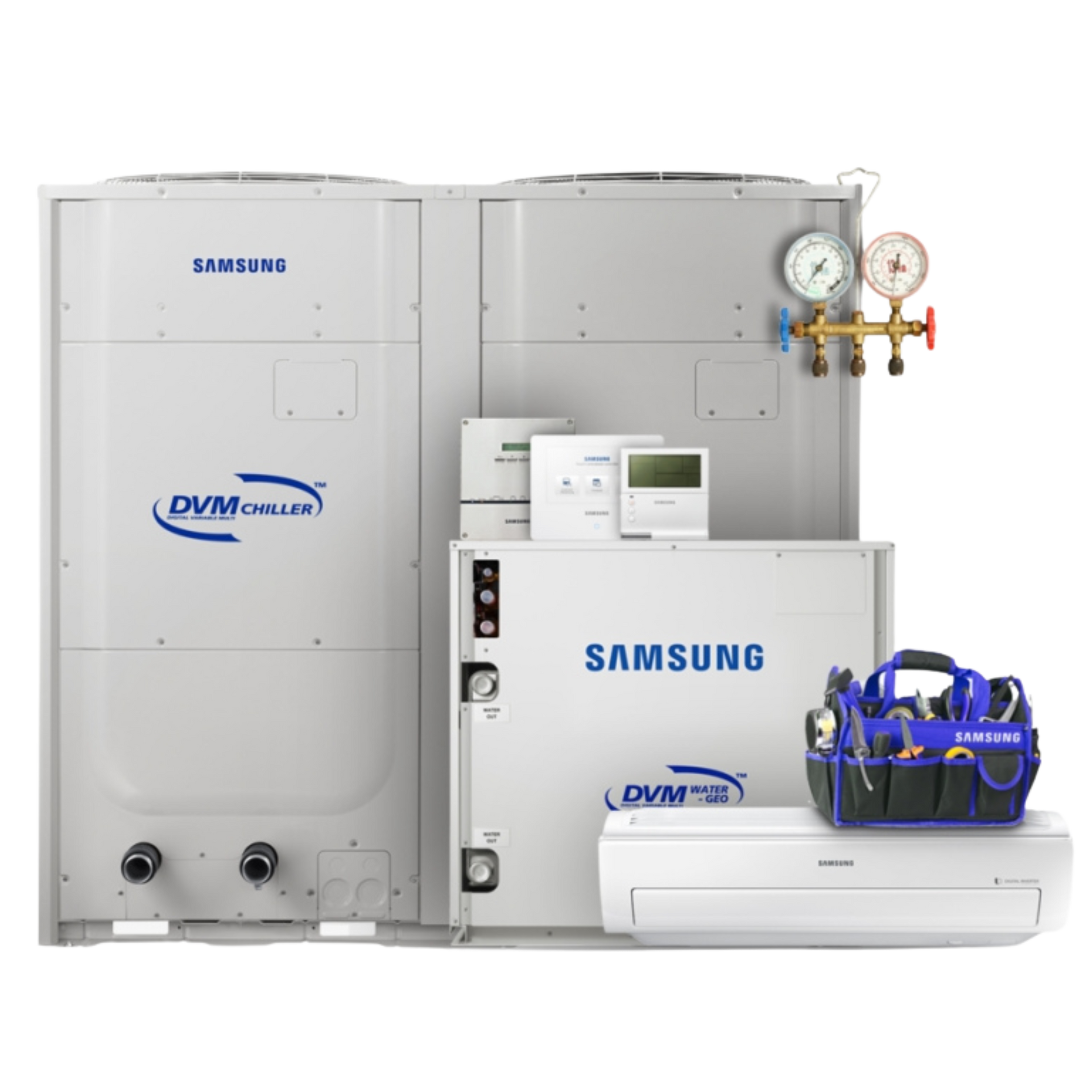A group of samsung air conditioners are sitting next to each other on a white background.