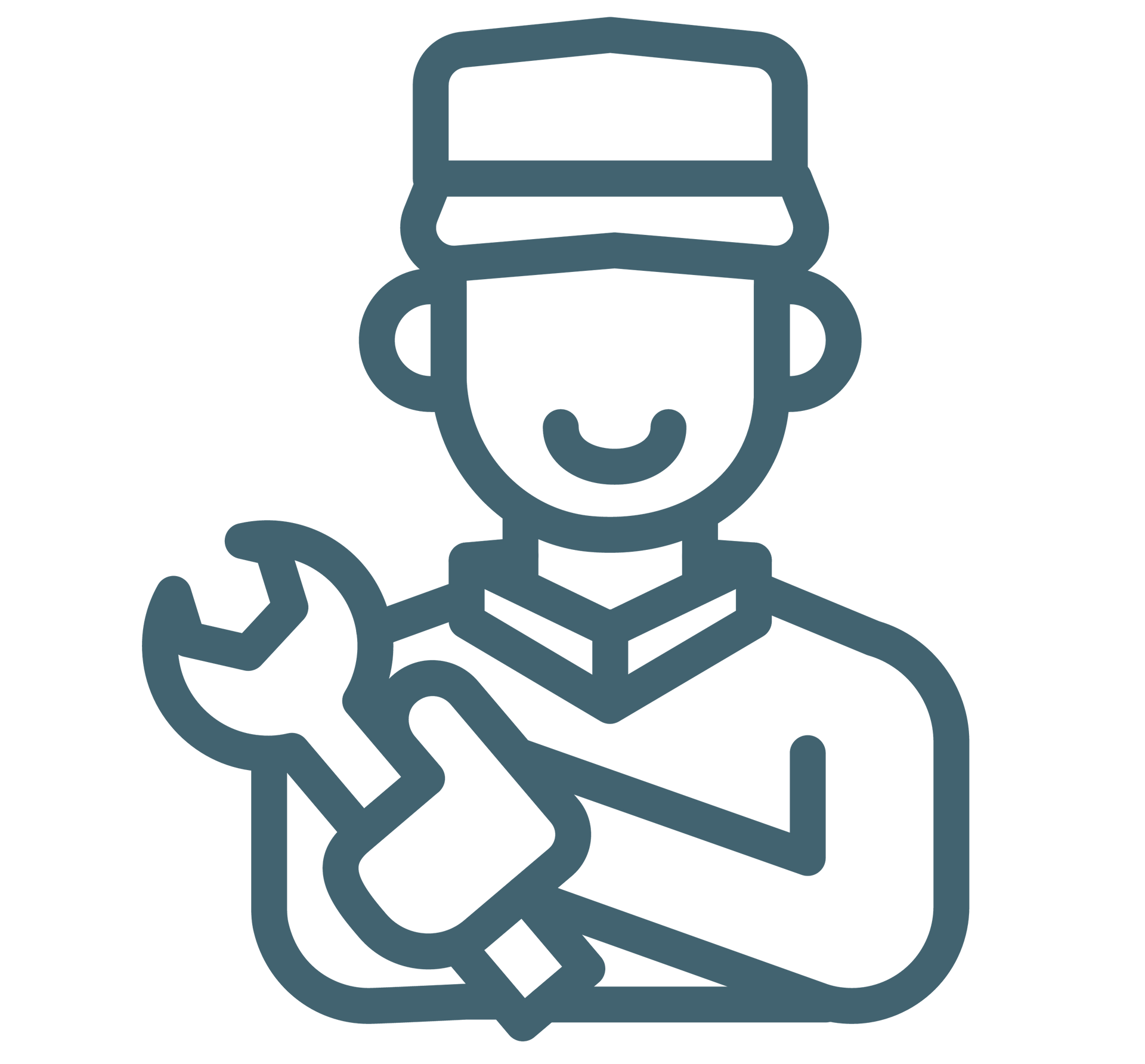 A line drawing of a man holding a wrench.