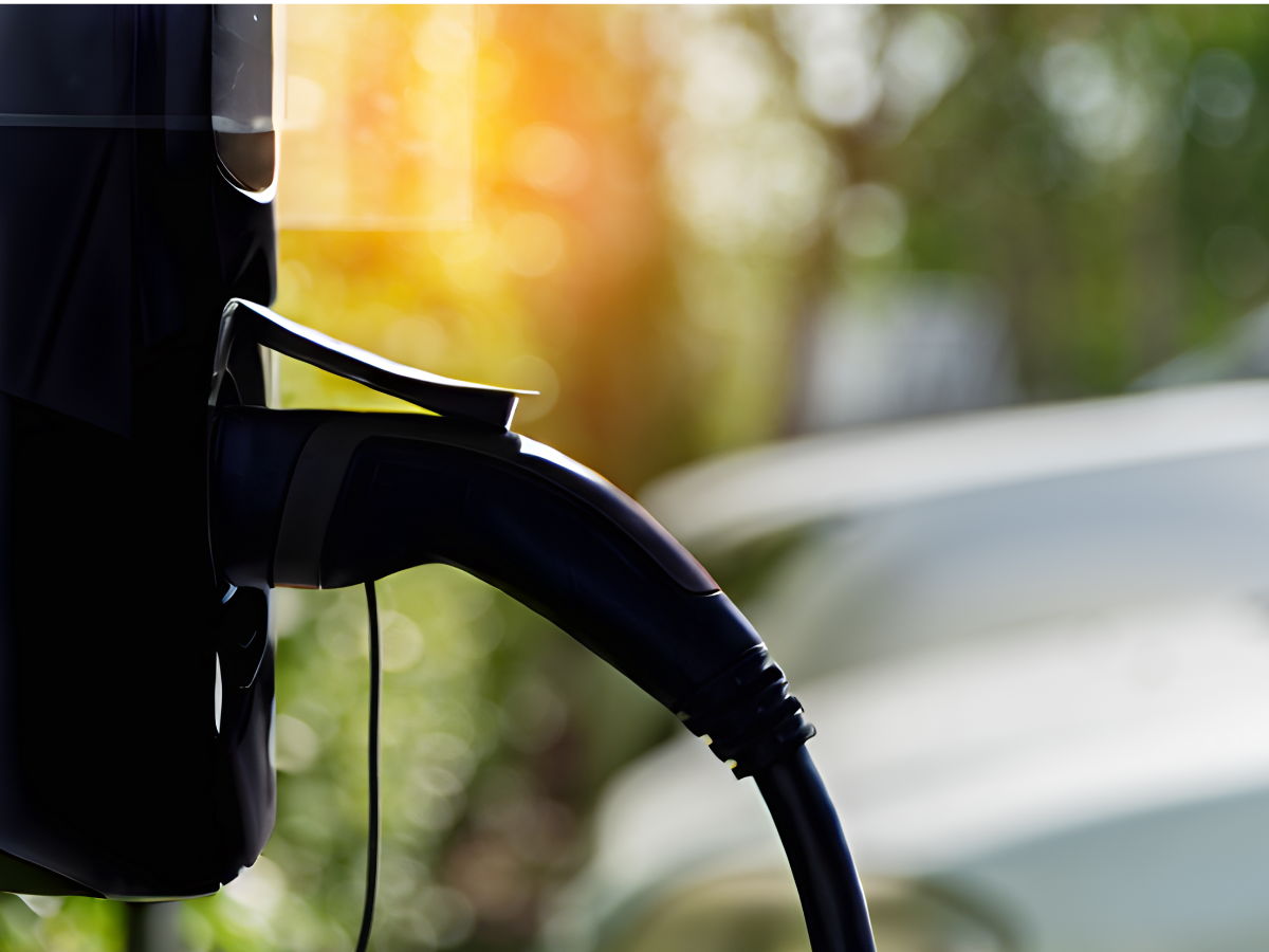 An electric car is being charged at a charging station.