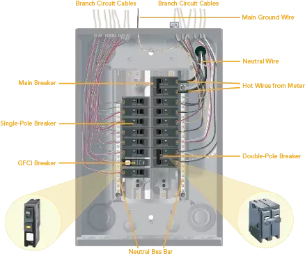 A labeled diagram showing the inside of an electrical panel. A labeled diagram showing the inside of an electrical panel.