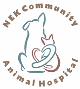 A logo for nek community animal hospital with a dog and a cat