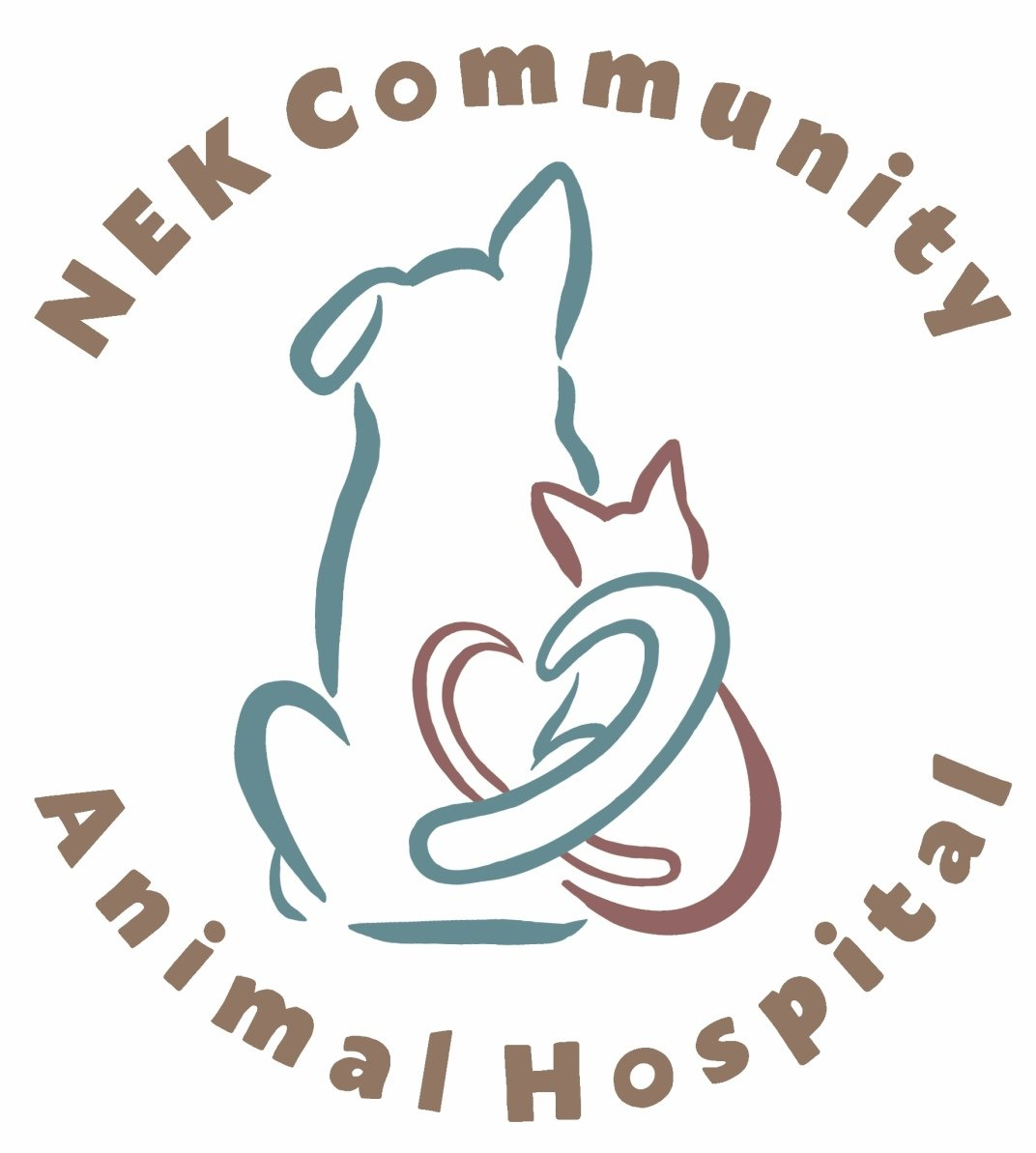 A logo for nek community animal hospital with a dog and a cat