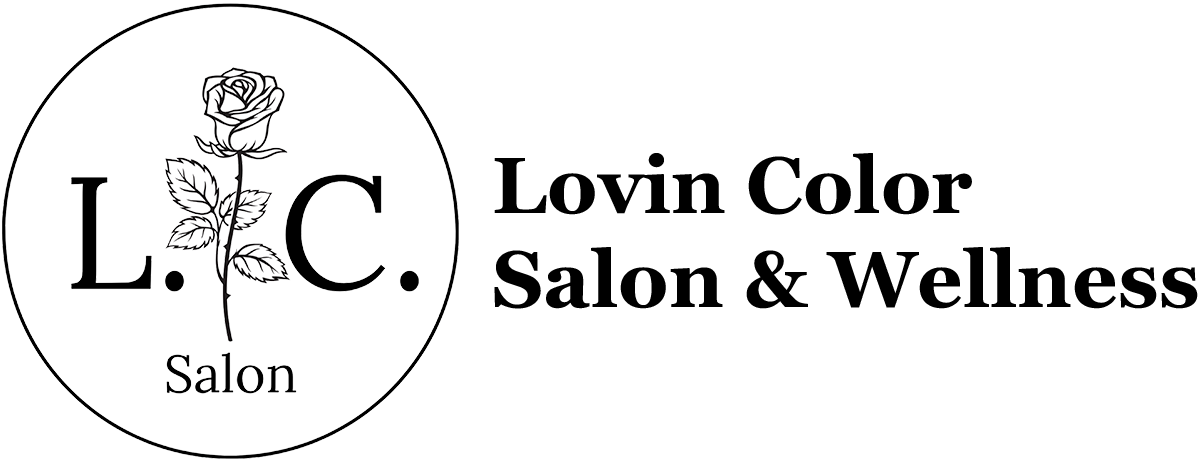 Logo for Lovin Color Salon & Wellness featuring a rose inside a circle with the initials L.C. and text reading "Salon".
