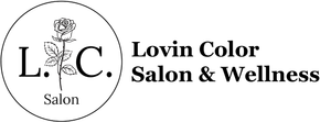 Logo for Lovin Color Salon & Wellness featuring a rose inside a circle with the initials L.C. and text reading "Salon".