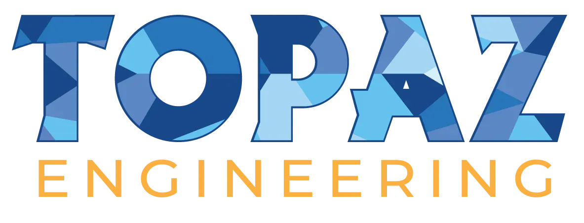 a logo for topaz engineering with blue and orange letters
