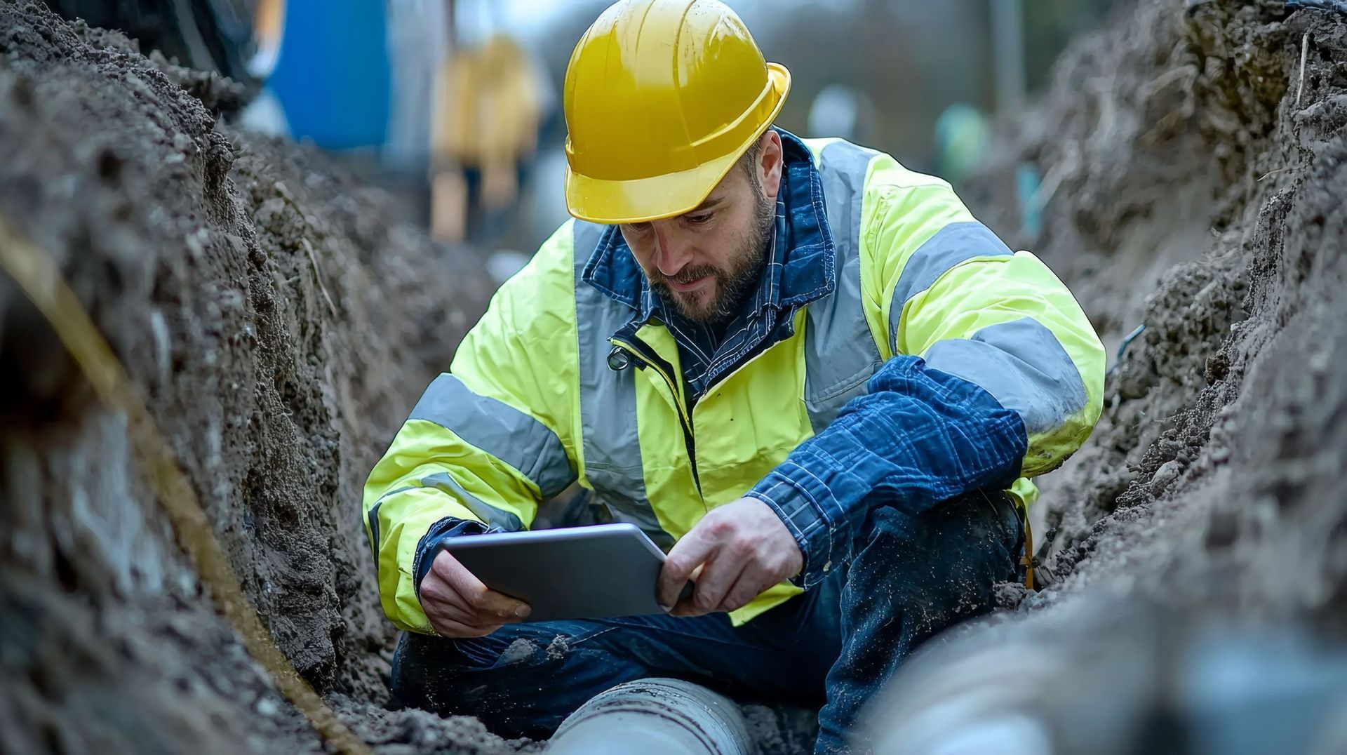 Construction worker in yellow hard hat using a tablet in a trench