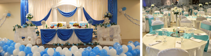 Blue-and-white wedding reception hall with decorated tables, stage, and balloon arrangements