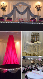 Collage of elegant event décor with draped fabric, lit tables, floral centerpieces, and a tall red-lit backdrop