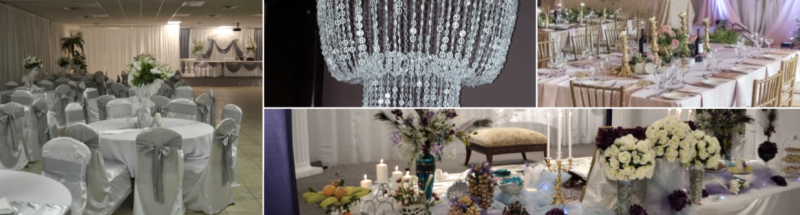 Elegant wedding reception venue with white-draped tables, floral centerpieces, and crystal chandeliers.