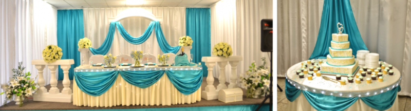 Decorated wedding dessert table with teal and gold drapery and a matching tiered cake display