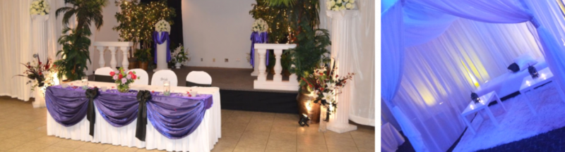 Decorated wedding reception tables with purple drapes and floral arrangements in a bright hall