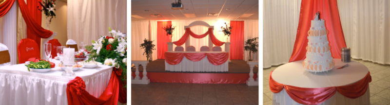 Three views of a red-and-white decorated celebration stage and table with a tiered cake and floral accents