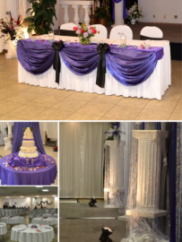 Purple-and-white event decor with draped head table, cake table, and lit stage backdrop