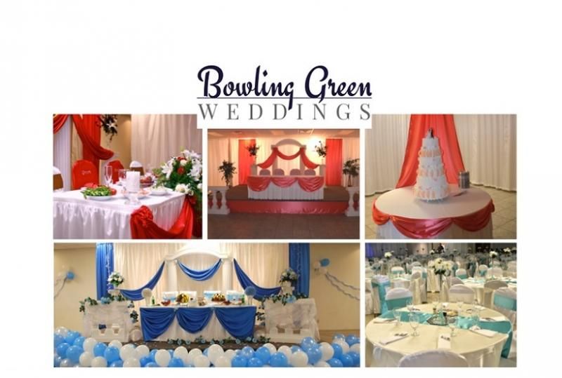 Bowling Green Weddings collage of decorated wedding reception tables in red, blue, and white themes