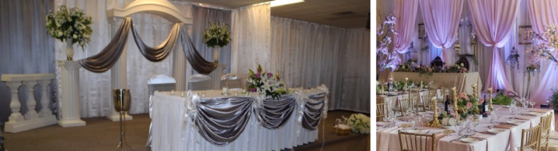 Elegant wedding reception hall with draped white and gold decor and candlelit table settings