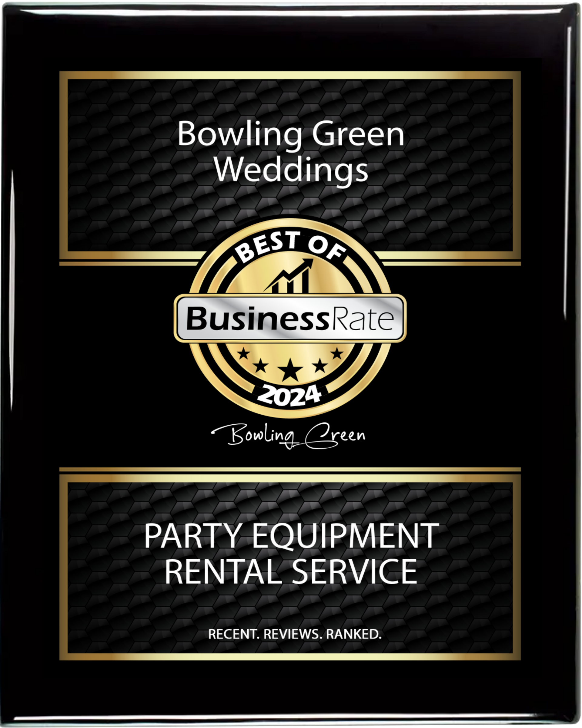 Bowling Green Weddings “Best of Business” award graphic for party equipment rental service, black and gold.