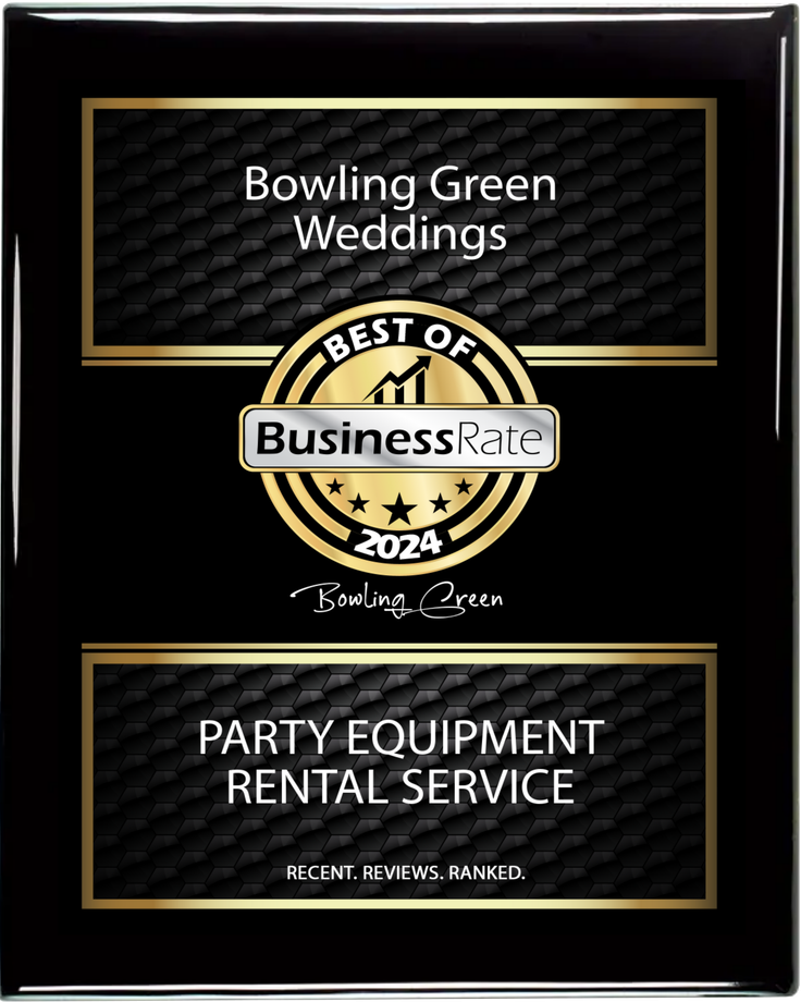 Bowling Green Weddings business award plaque on black, with gold accents and “Party Equipment Rental Service.”