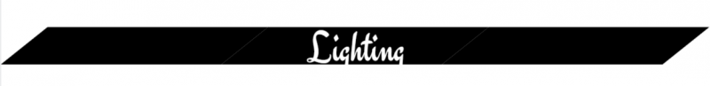 Black banner with the word “Lighting” in white script and a diagonal stripe design.