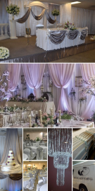 Elegant wedding reception decor with white and silver drapes, floral arrangements, chandeliers, and a decorated cake table